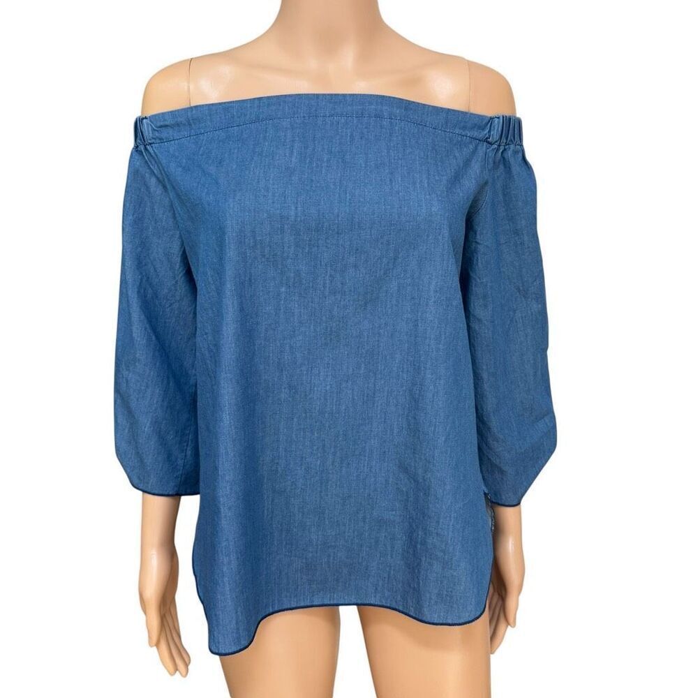 Bluebell 100% cotton Off Shoulder Top blouse Chambray 3/4 Tie Sleeves Blue Sz XL